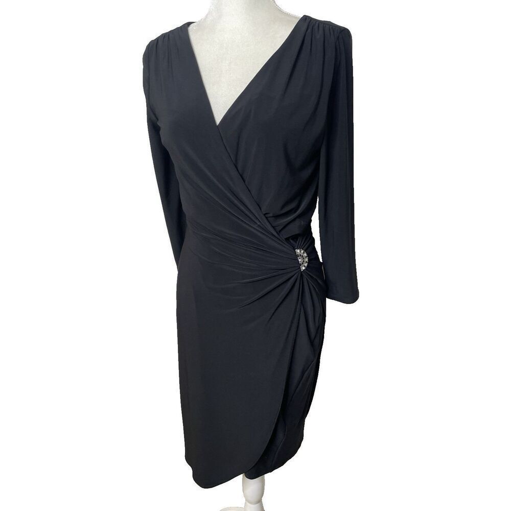 Lauren Ralph Lauren Dress Women 8 Black Faux Wrap Rhinstones New NWT Stretch